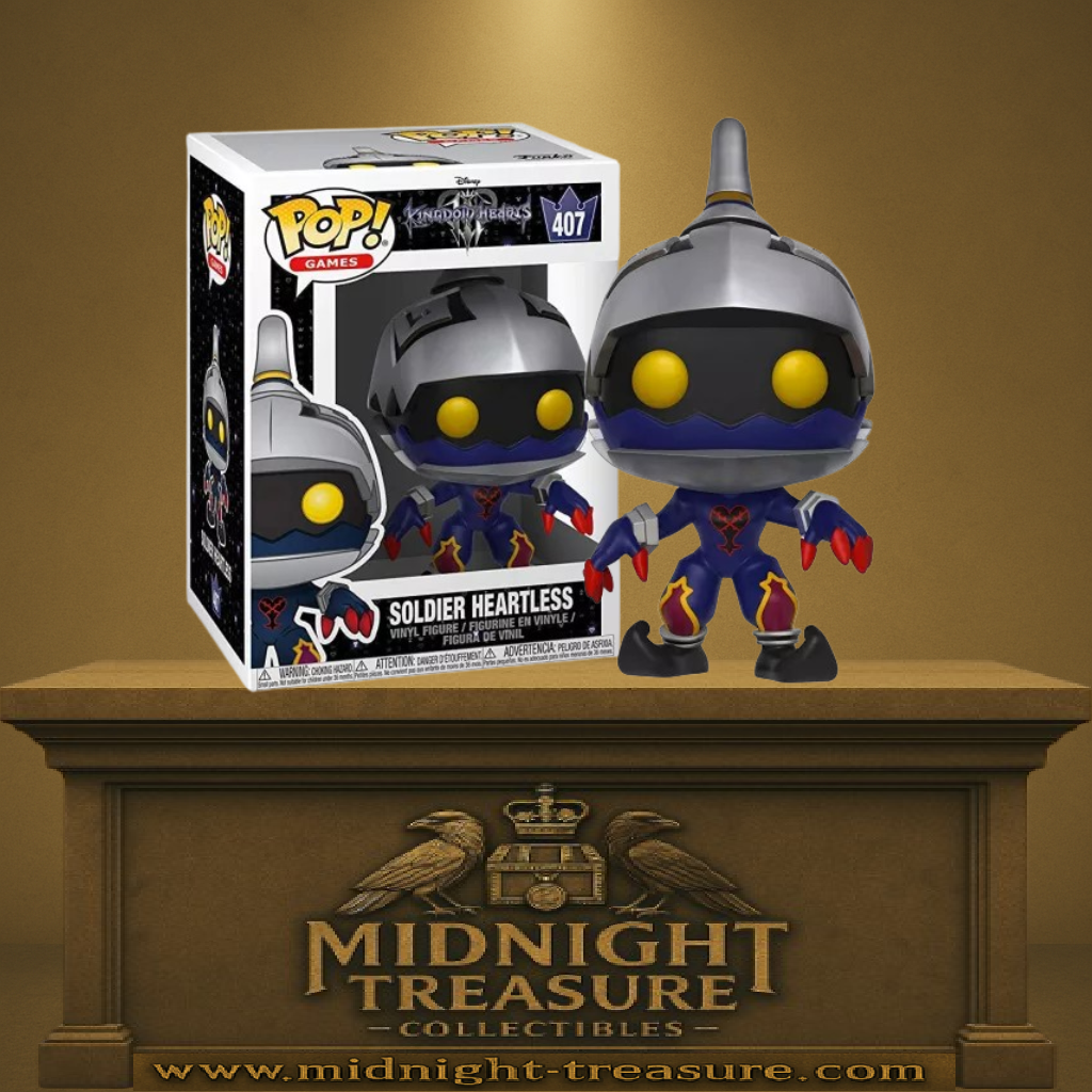 Funko Pop! Kingdom Hearts III – Soldier Heartless (Soldat Sans-Cœur) (N°407). Ennemi Sans-Cœur au casque métallique, yeux jaunes lumineux et griffes rouges, fidèle au jeu vidéo.