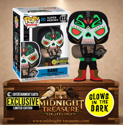 Funko Pop! N°412 Bane Día de los DC Glow in the Dark Entertainment Earth Exclusive, avec masque calavera inspiré du Día de los Muertos.