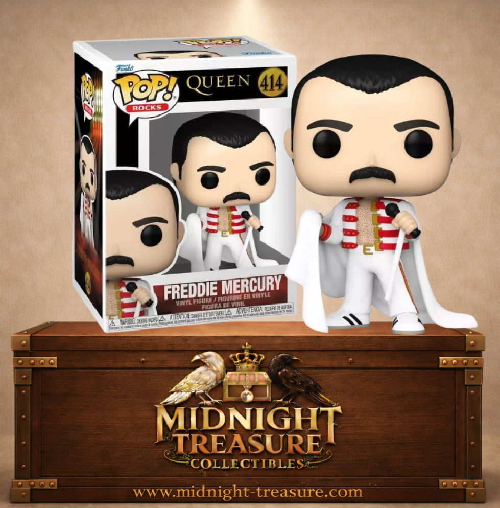 Funko Pop! Rocks N°414 Freddie Mercury de Queen avec tenue blanche et rouge, micro et grande cape blanche inspirée de The Magic Tour 1986.