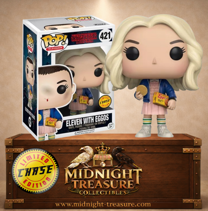 Funko Pop! Television N°421 Chase – Eleven with Eggos de Stranger Things avec perruque blonde, robe rose, veste bleue, gaufre et boîte d’Eggos.