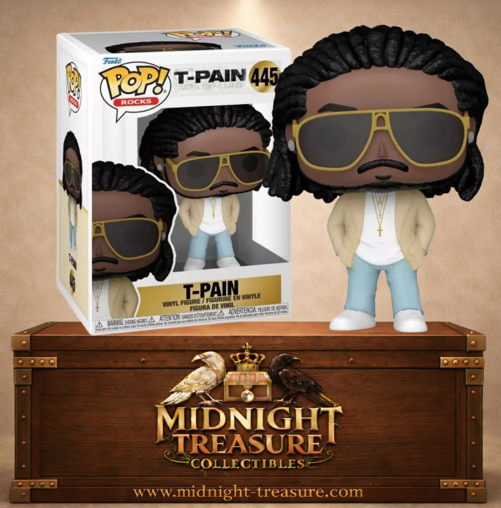 Funko Pop! Rocks N°445 – T-Pain avec ses dreadlocks, ses lunettes dorées emblématiques et sa tenue décontractée inspirée de sa carrière musicale.