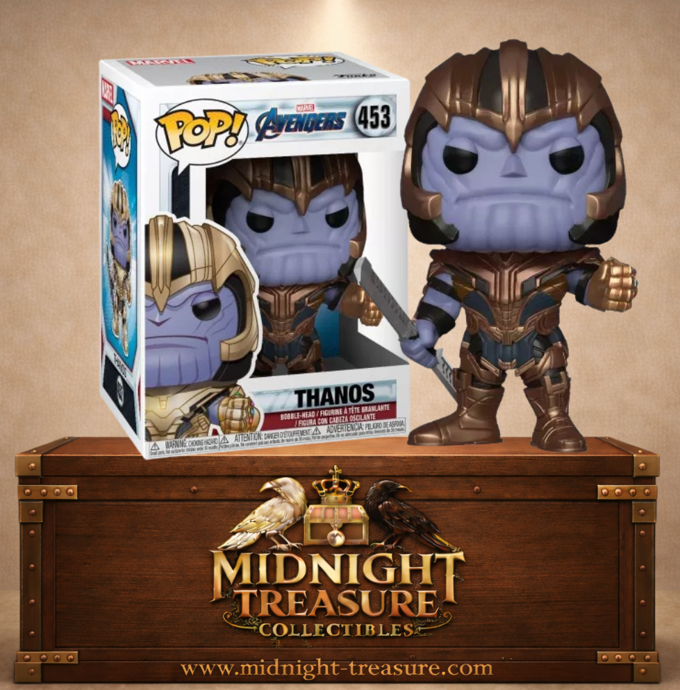 Funko Pop! Marvel N°453 – Thanos – Avengers Endgame. Figurine avec armure et épée double lame.
