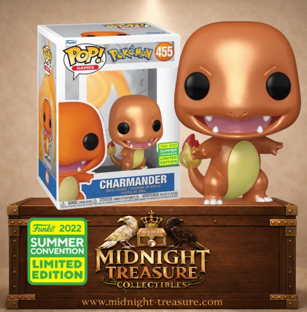 Funko Pop! Games N°455 – Charmander (Salamèche) Metallic SDCC Summer Convention 2022. Version brillante orange avec flamme à la queue.