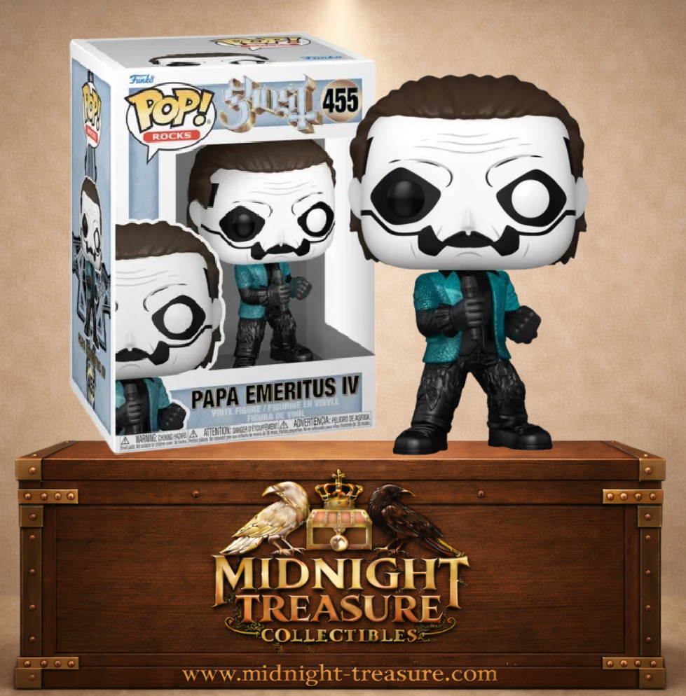 Funko Pop! Rocks N°455 Papa Emeritus IV de Ghost avec veste bleu turquoise pailletée Glitter et micro.