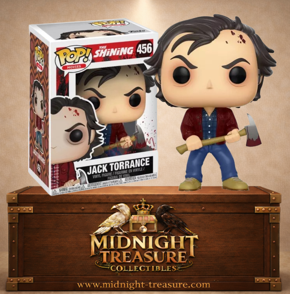 Funko Pop! N°456 Jack Torrance de The Shining, avec veste bordeaux, visage blessé et hache ensanglantée, dans sa boîte décorée de projections de sang.