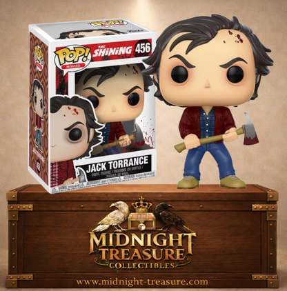 Funko Pop! N°456 Jack Torrance de The Shining, avec veste bordeaux, visage blessé et hache ensanglantée, dans sa boîte décorée de projections de sang.