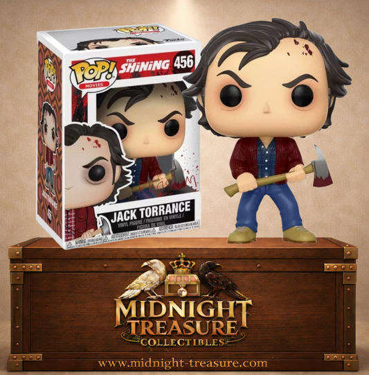 Funko Pop! N°456 Jack Torrance de The Shining, avec veste bordeaux, visage blessé et hache ensanglantée, dans sa boîte décorée de projections de sang.