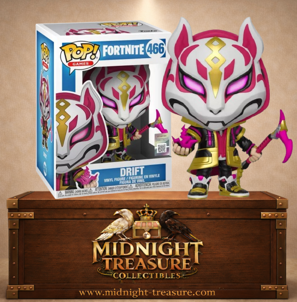 Funko Pop! N°466 Drift de Fortnite avec masque de renard blanc rose et doré, énergie de faille et pioche Rift Edge.