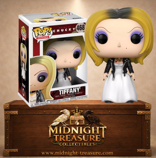Funko Pop! Movies N°468 – Tiffany – Bride of Chucky. Figurine Tiffany en version poupée avec robe blanche et veste noire.