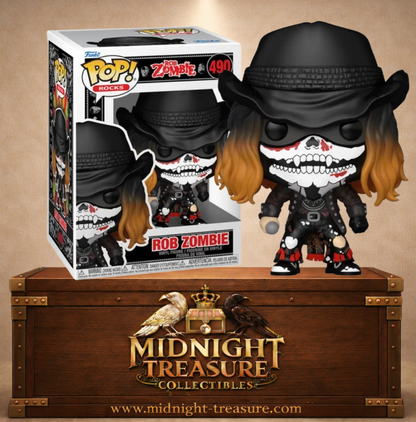 Funko Pop! Rocks N°490 – Rob Zombie avec maquillage squelettique, chapeau noir et microphone.
