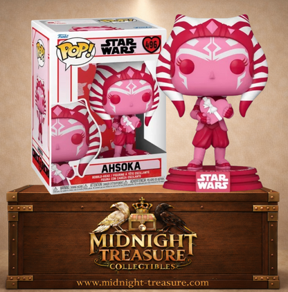 Funko Pop! Star Wars N°496 – Ahsoka Valentine's Day Edition dans un coloris rose et rouge tenant un cœur décoratif.