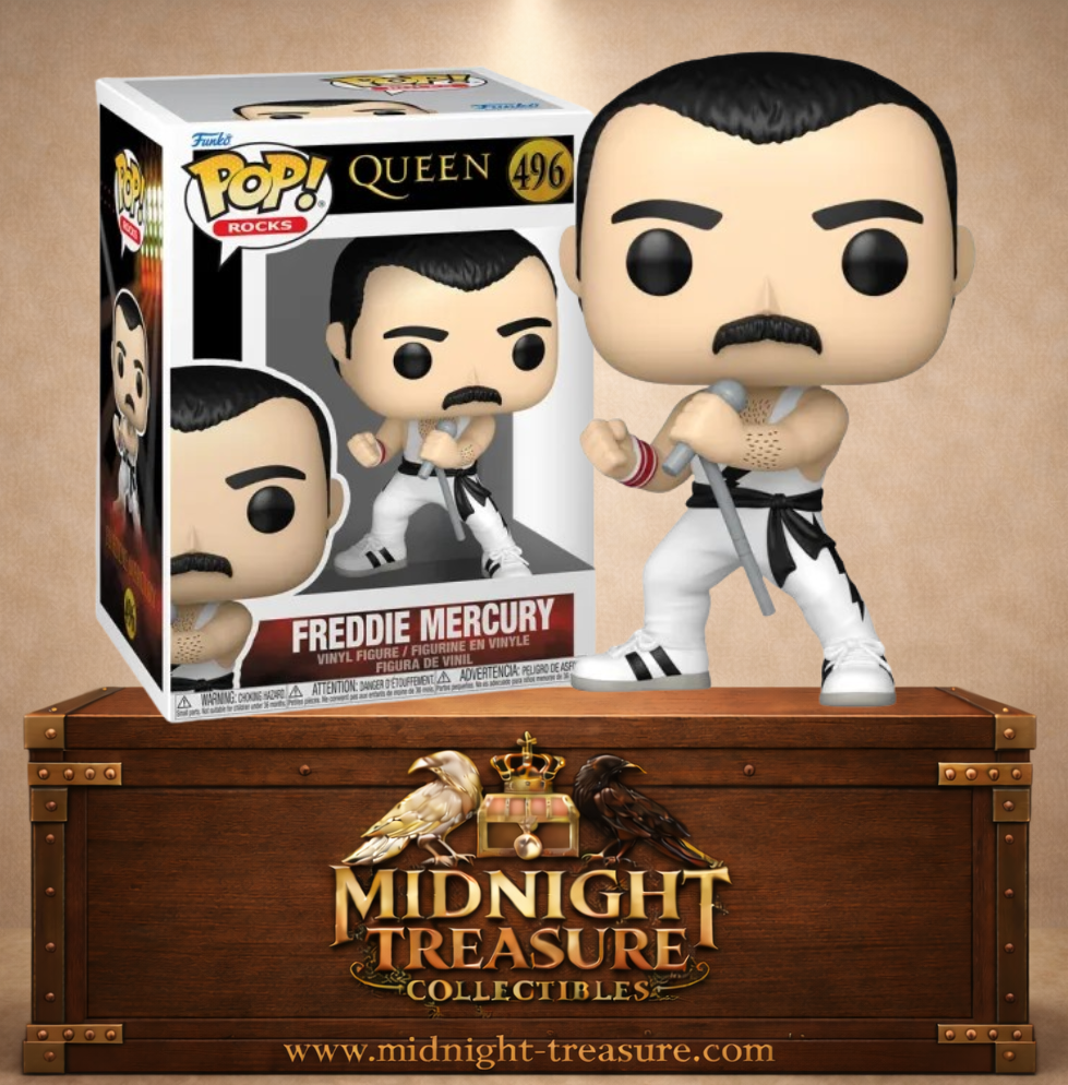 Funko Pop! Rocks N°496 – Freddie Mercury (White Singlet) avec son demi-pied de micro, inspiré de la Magic Tour de Queen.