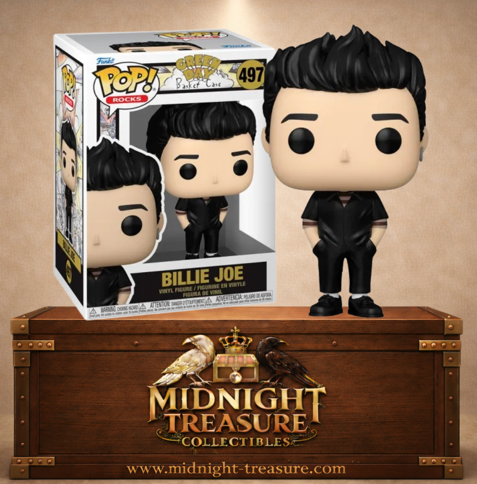 Funko Pop! Rocks N°497 – Billie Joe Armstrong avec sa coiffure emblématique et sa tenue noire inspiré de l'époque Basket Case de Green Day.