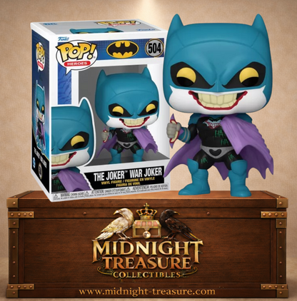 Funko Pop! Heroes N°504 – The Joker War Joker – Batman. Figurine Joker avec masque inspiré de Batman, cape violette et Batarang détourné.