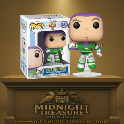 Funko Pop! Toy Story 4 – Buzz Lightyear (N°523). Ranger de l’espace en combinaison verte, blanche et violette, en posture dynamique inspirée du film Pixar.