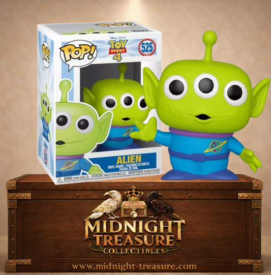 Funko Pop! Disney N°525 – Alien – Toy Story 4. Figurine Alien vert à trois yeux avec uniforme Pizza Planet.