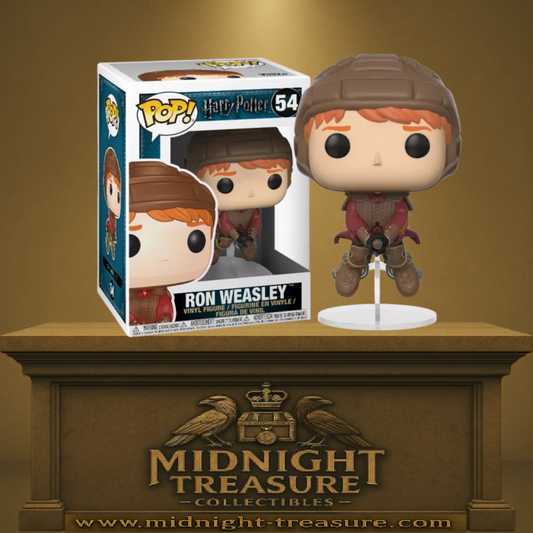 Funko Pop! Harry Potter – Ron Weasley sur son balai (N°54). Ron équipé d’un casque, assis sur un balai volant, figurine inspirée de l’univers Quidditch.