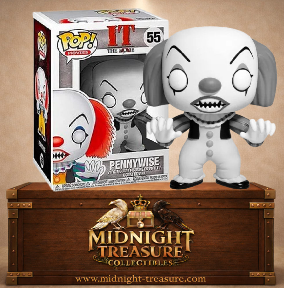 Funko Pop! N°55 Pennywise Black & White de IT Ça 1990, version Tim Curry noir et blanc exclusive Rhode Island Comic Con.