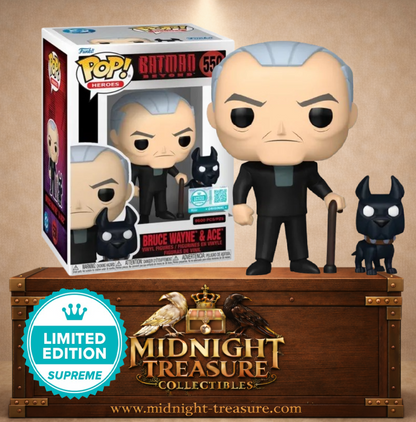 Funko Pop! N°550 Bruce Wayne & Ace de Batman Beyond (Batman, la relève), édition Supreme limitée à 9 500 pièces avec Bruce âgé, sa canne et son chien Ace.