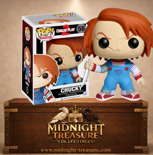Funko Pop! Movies N°56 – Chucky – Child’s Play 2. Figurine Chucky avec couteau et tenue Good Guys.
