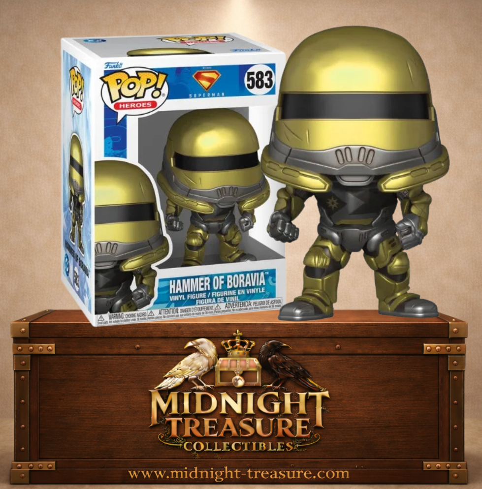 Funko Pop! Heroes N°583 – Marteau de Boravie – Superman. Figurine en armure dorée avec casque intégral.