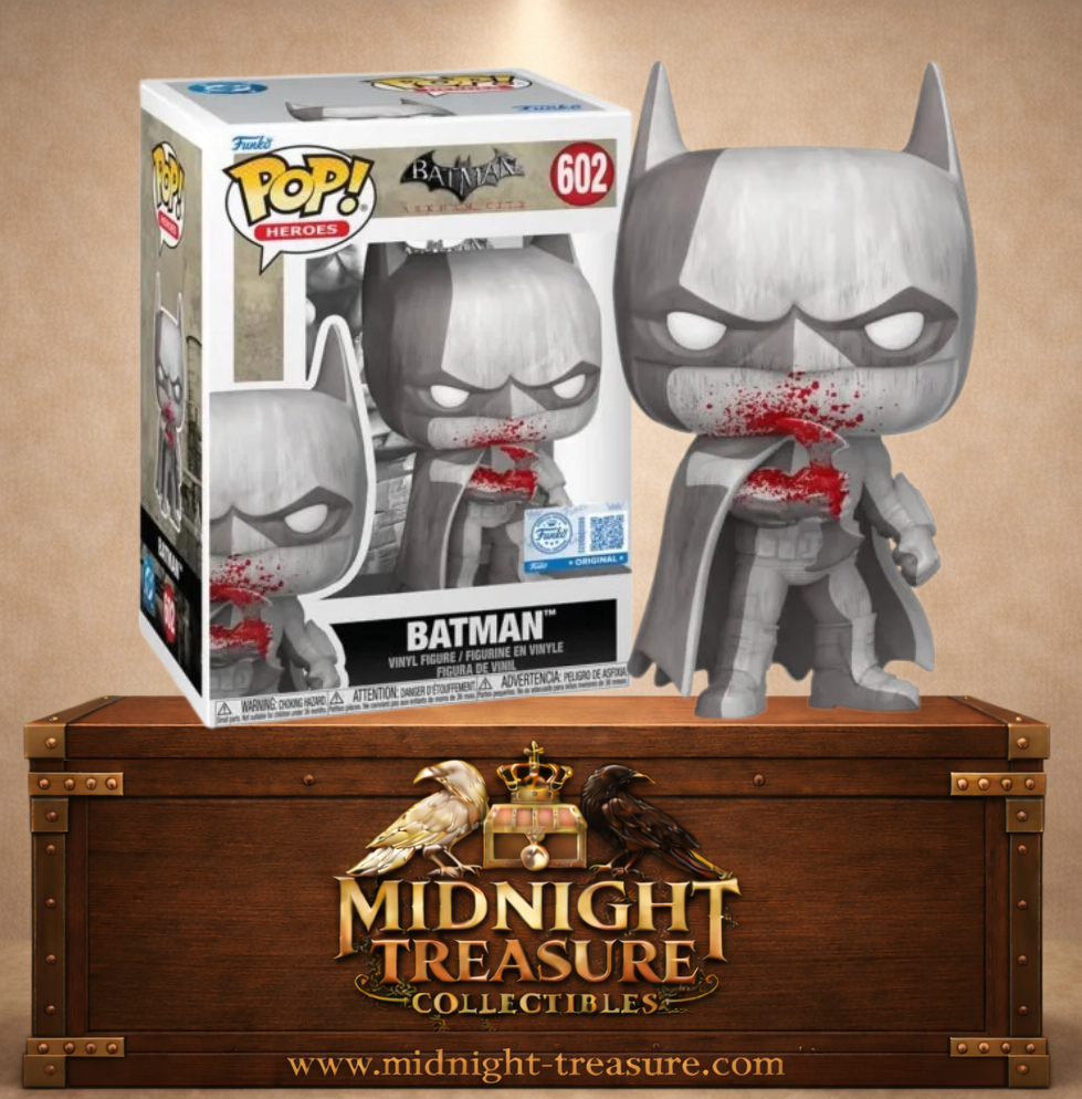 Funko Pop! Heroes N°602 – Batman Ensanglanté – Arkham City. Figurine gris avec traces de sang.