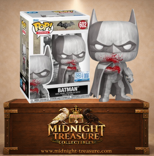 Funko Pop! Heroes N°602 – Batman Ensanglanté – Arkham City. Figurine gris avec traces de sang.