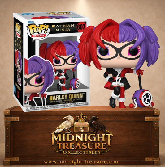 Funko Pop! Heroes N°607 – Harley Quinn Batman Ninja. Harley en tenue inspirée du Japon féodal avec marteau décoratif et cheveux bicolores rouge et violet.