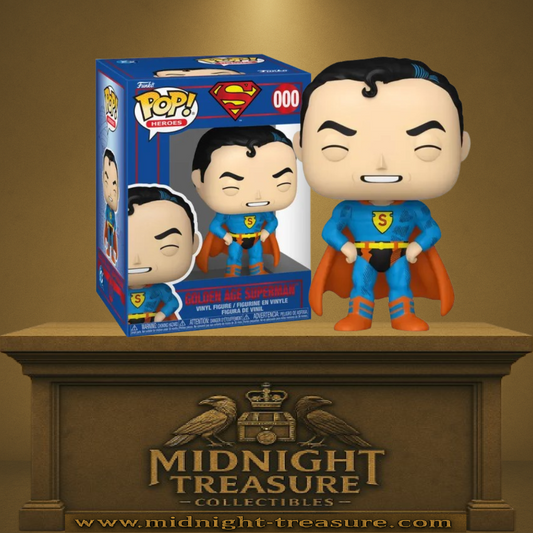 Funko Pop! DC Comics – Golden Age Superman (N°609). Figurine représentant Superman dans son costume rétro de l’Âge d’Or, posture iconique mains sur la ceinture.