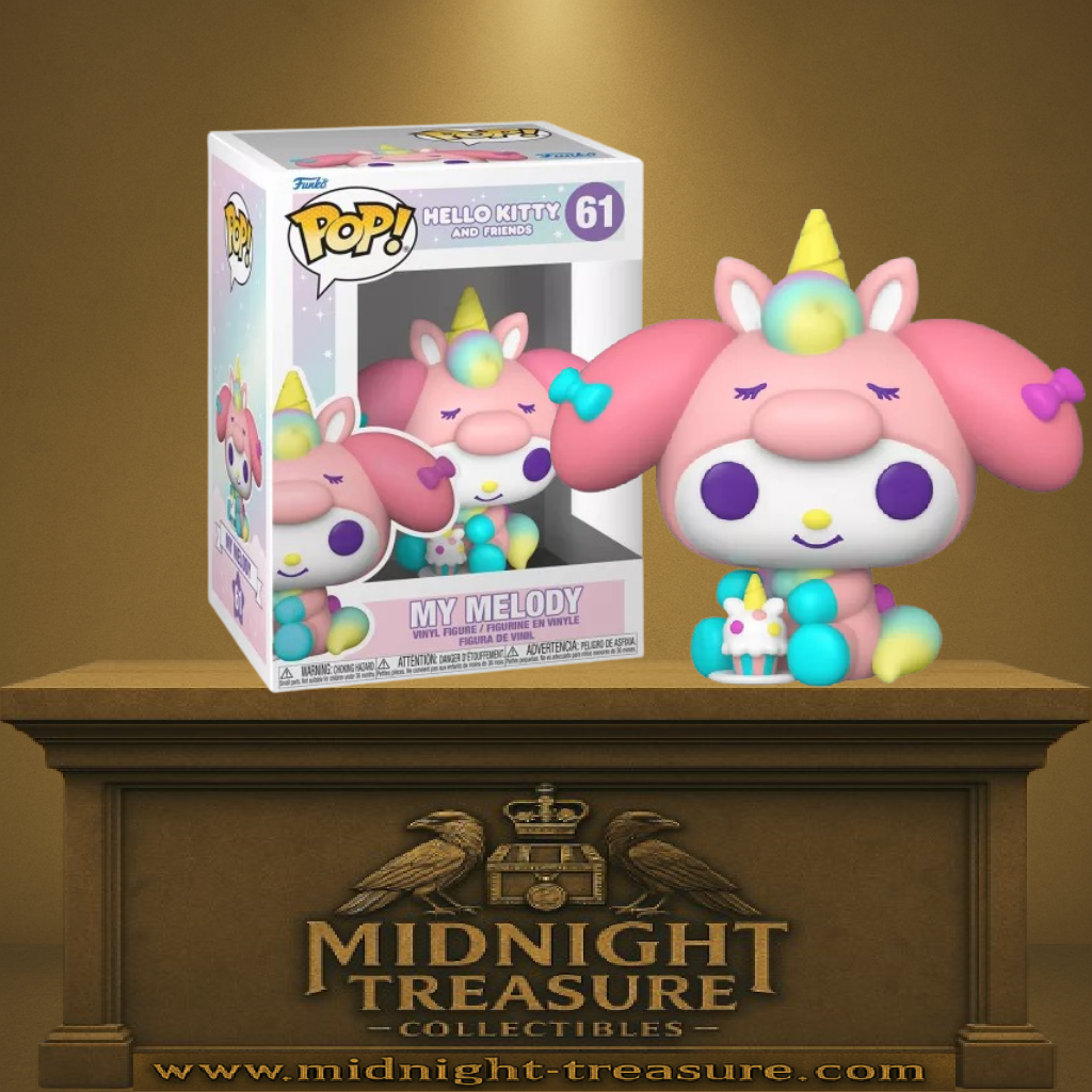 Funko Pop! Hello Kitty and Friends – My Melody (Licorne) (N°61). Personnage Sanrio en costume de licorne pastel tenant un cupcake, au design kawaii et féérique.