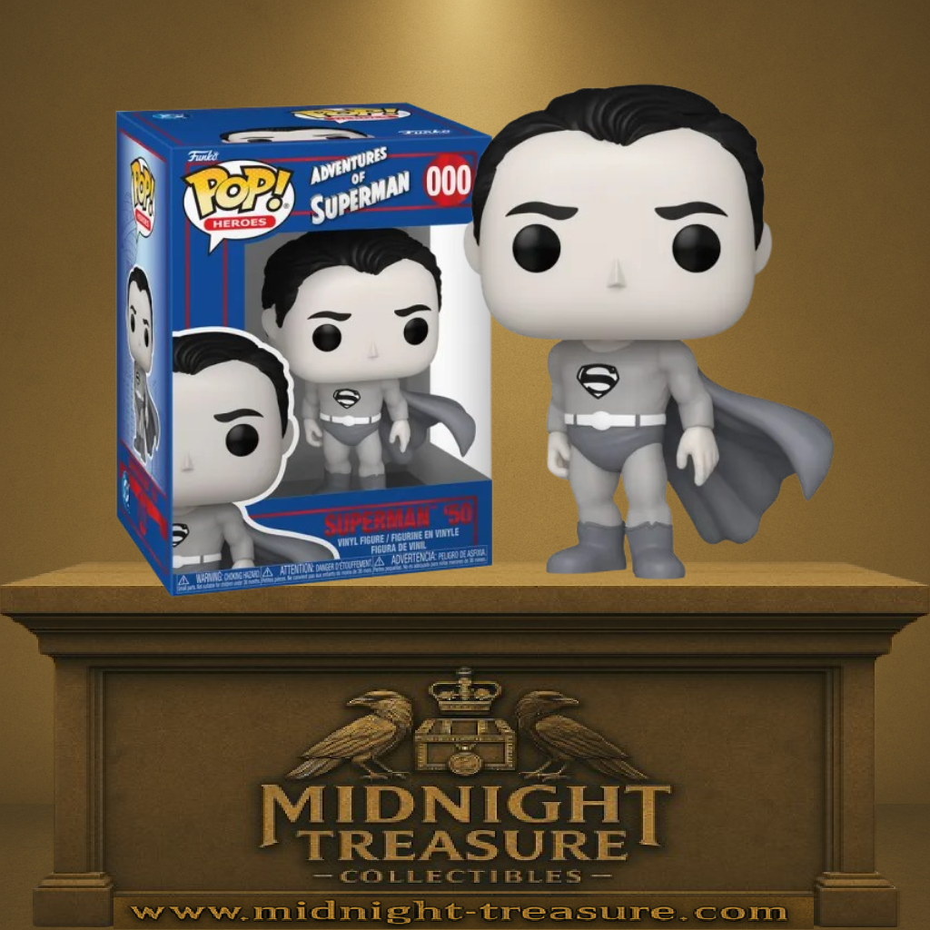 Funko Pop Superman 610 noir et blanc – Adventures of Superman. Figurine vinyle représentant Superman dans son costume rétro inspiré des premières séries télévisées DC Comics.