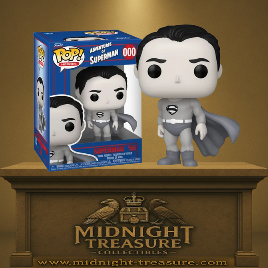 Funko Pop Superman 610 noir et blanc – Adventures of Superman. Figurine vinyle représentant Superman dans son costume rétro inspiré des premières séries télévisées DC Comics.