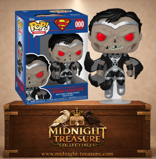 Funko Pop! Heroes N°612 – Superman Blackest Night de DC Comics, Kal-L de Terre-2 ressuscité en Black Lantern avec costume noir, visage décomposé et yeux rouges.