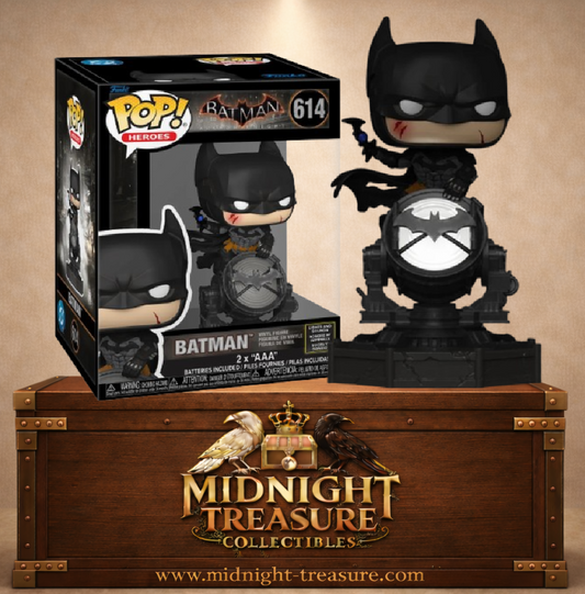 Funko Pop! Heroes N°614 – Batman – Arkham Knight. Figurine sur Bat-Signal avec effets lumineux et sonores.