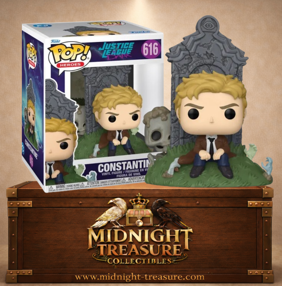 Funko Pop! Justice League Dark N°616 – Constantine assis devant une tombe avec mains de zombies sortant du sol. Une figurine fidèle parfaite pour les fans DC Comics.