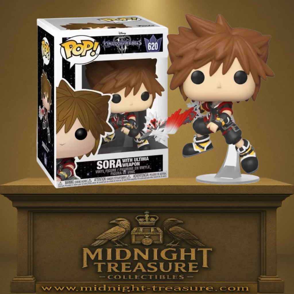 Funko Pop! Disney – Sora with Ultima Weapon (Sora avec Ultima Weapon) (N°620). Sora en tenue Kingdom Hearts III brandissant l’Ultima Weapon avec effet d’attaque dynamique.