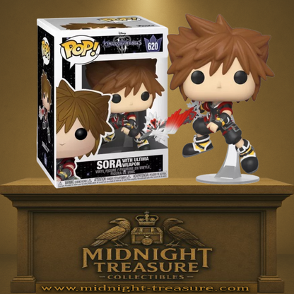 Funko Pop! Disney – Sora with Ultima Weapon (Sora avec Ultima Weapon) (N°620). Sora en tenue Kingdom Hearts III brandissant l’Ultima Weapon avec effet d’attaque dynamique.