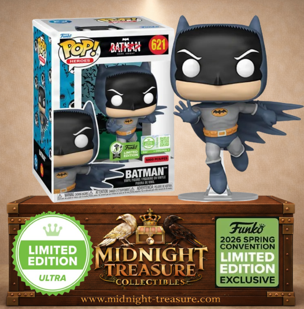 Funko Pop! N°621 Batman Bat-Manga, édition Ultra limitée à 5 000 pièces Spring Convention 2026, avec costume gris et bleu et cape déployée.