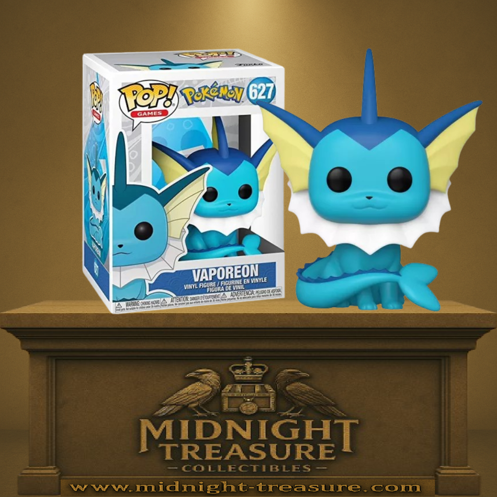 Funko Pop! Pokémon – Vaporeon (Aquali) (N°627). Pokémon de type Eau bleu avec collerette blanche et nageoires jaunes, figurine fidèle à la licence Pokémon.