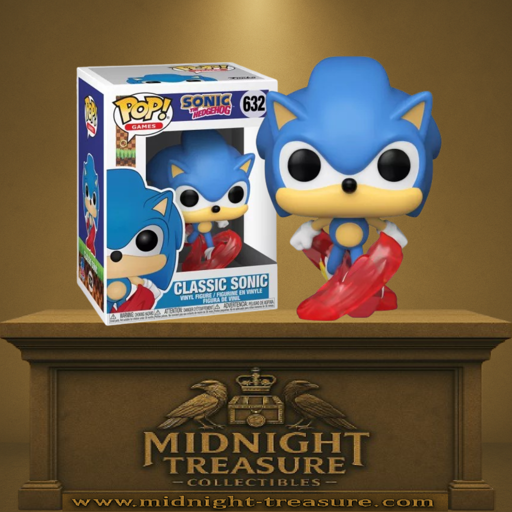 Funko Pop! Sonic the Hedgehog – Classic Sonic (Sonic classique) (N°632). Sonic rétro en posture de course avec effets de vitesse rouges, fidèle aux jeux originaux.
