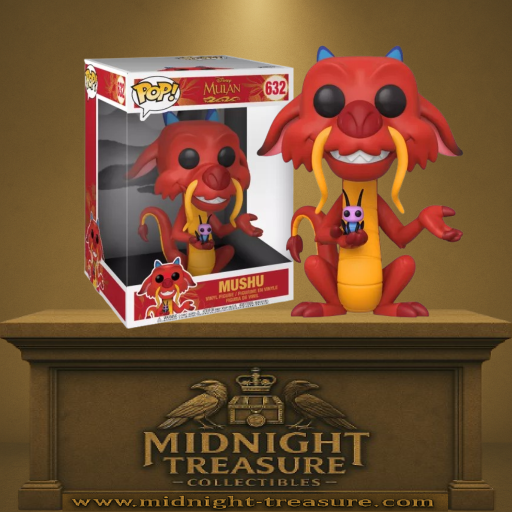 Funko Pop! Disney Mulan – Mushu (N°632) – figurine géante 25 cm rouge et jaune, Mushu assis tenant Cri-Kee, fidèle au film Disney Mulan.