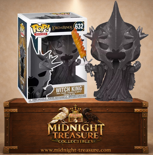 Funko Pop! Movies N°632 – Witch-king, le Roi-Sorcier d’Angmar du Seigneur des Anneaux, avec son heaume noir et son épée enflammée.