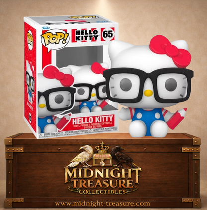 Funko Pop! N°65 Hello Kitty avec lunettes Sanrio, assise avec grandes lunettes noires, tenue bleue à pois et crayon rouge.