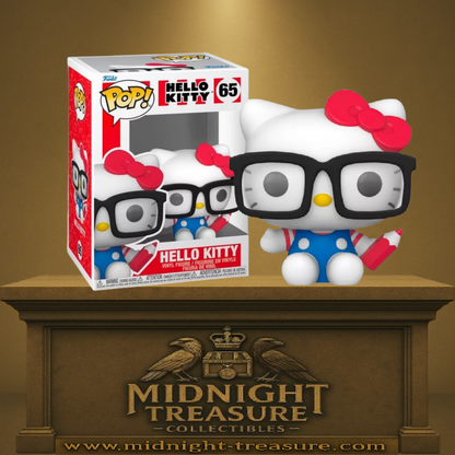 “Funko Pop! Hello Kitty – Hello Kitty (with Glasses) – N°65. Version assise avec lunettes oversized et crayon rouge. Figurine kawaii idéale pour les fans de Sanrio.”