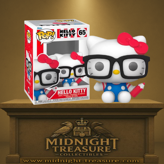 “Funko Pop! Hello Kitty – Hello Kitty (with Glasses) – N°65. Version assise avec lunettes oversized et crayon rouge. Figurine kawaii idéale pour les fans de Sanrio.”