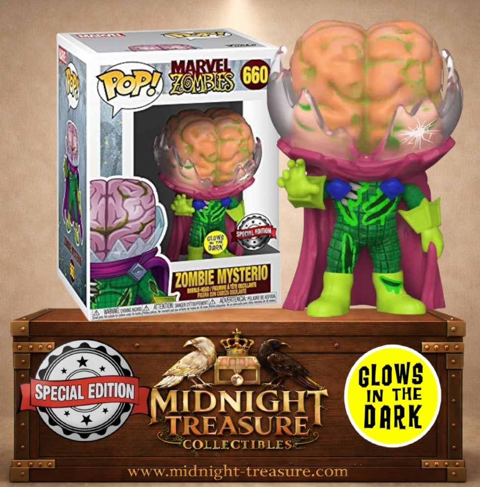 Funko Pop! N°660 – Zombie Mysterio de Marvel Zombies, Special Edition (Édition Spéciale) Glow in the Dark (Brille dans le noir), avec cerveau apparent, casque brisé et squelette fluorescent.