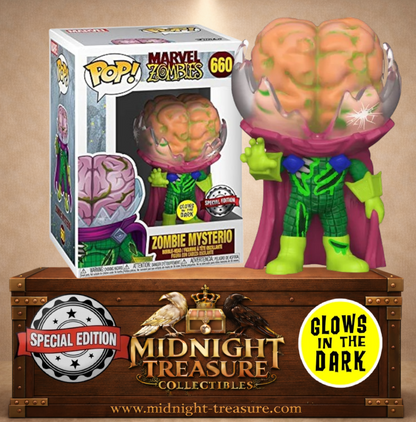 Funko Pop! N°660 – Zombie Mysterio de Marvel Zombies, Special Edition (Édition Spéciale) Glow in the Dark (Brille dans le noir), avec cerveau apparent, casque brisé et squelette fluorescent.