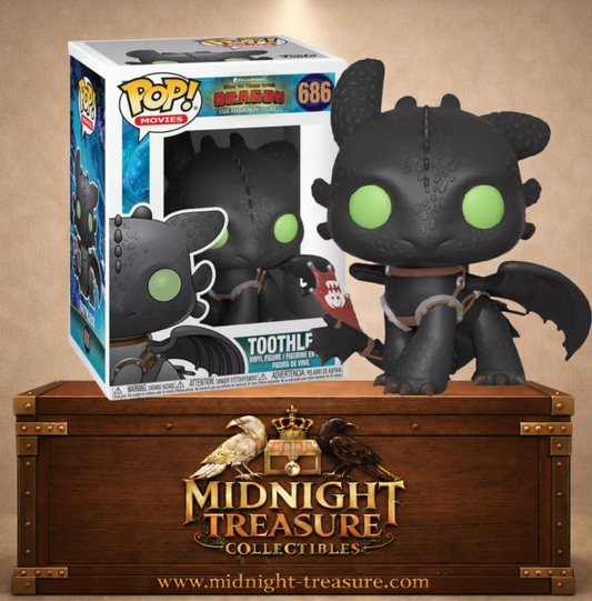 Funko Pop! Movies N°686 – Toothless Krokmou – Dragons. Dragon noir avec yeux verts et selle.