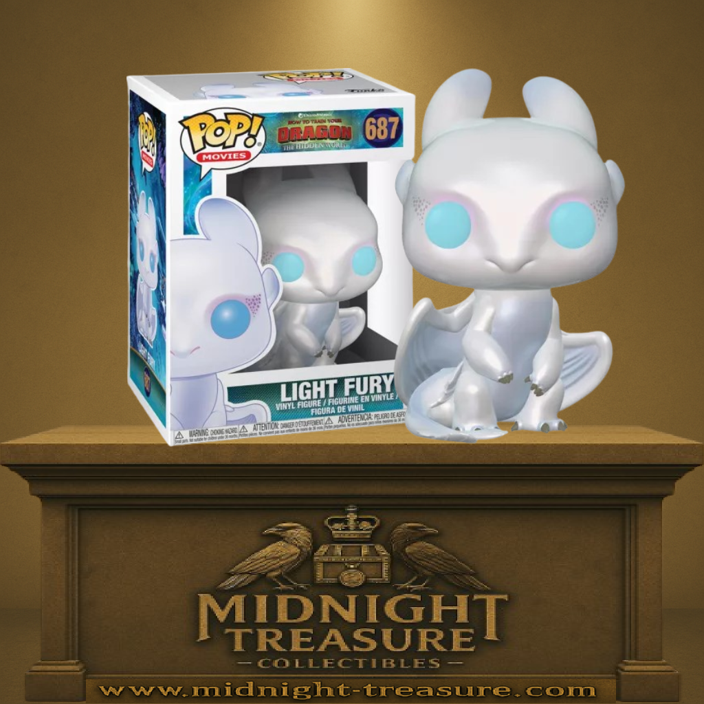 Funko Pop! Dragons 3 : Le Monde Caché – Light Fury (N°687). Figurine nacrée blanche assise, yeux bleu clair, ailes repliées, fidèle au design de la Light Fury dans le film.
