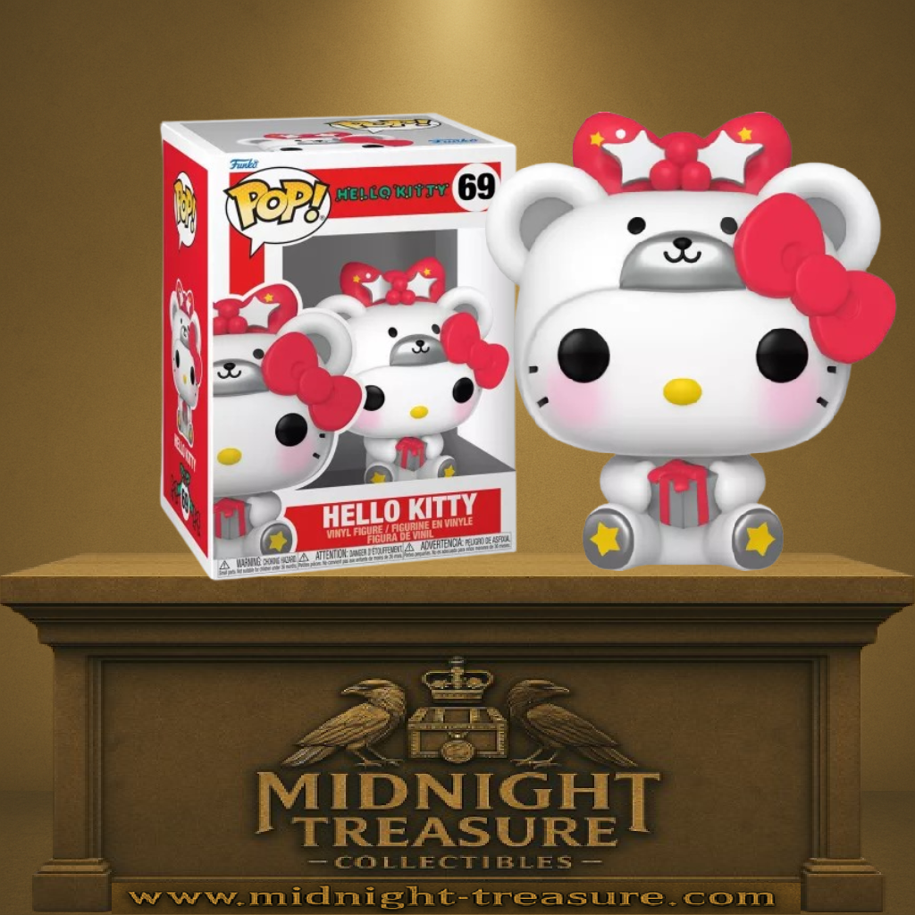 Funko Pop! Sanrio – Hello Kitty (Bear Costume / Costume d’ours) (N°69). Hello Kitty en costume d’ours blanc avec nœud rouge et cadeau, figurine kawaii Sanrio.